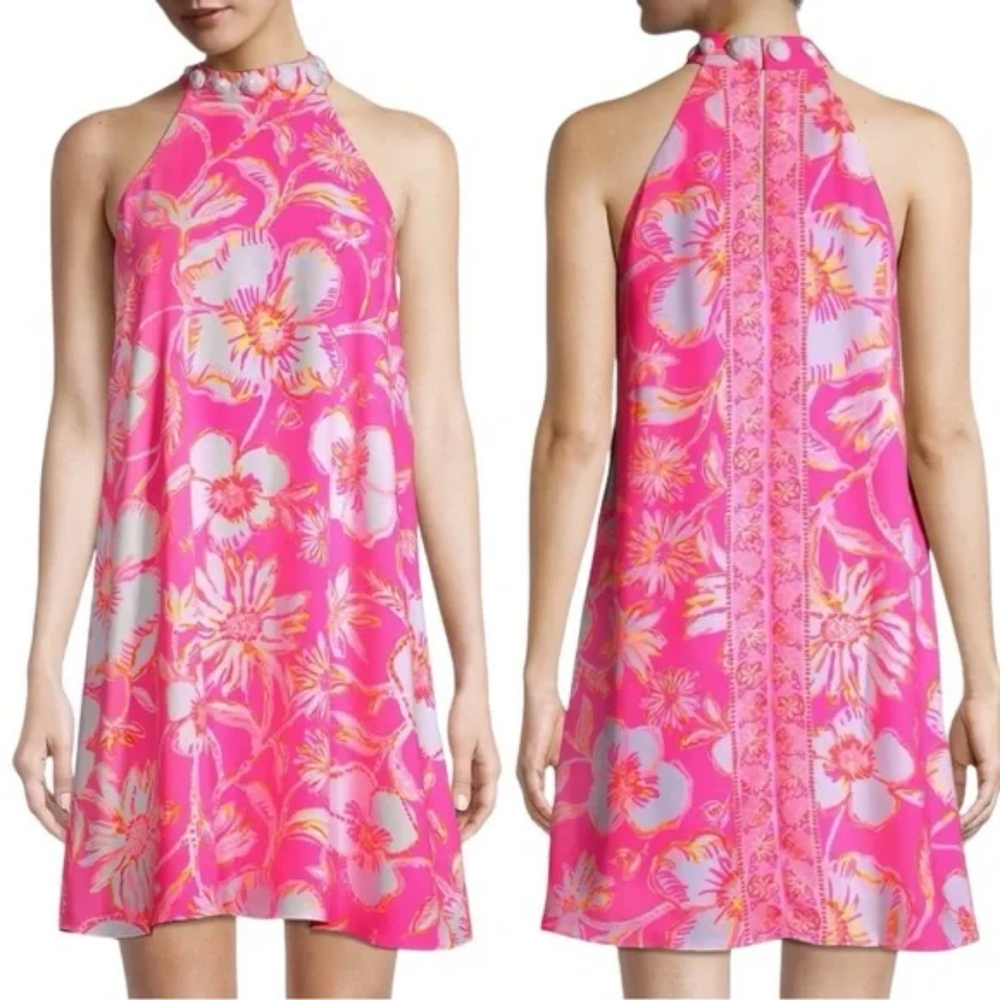 Lilly Pulitzer Alli Halter Trapeze Dress in Prosecco Pink Beachy Blooms Beading